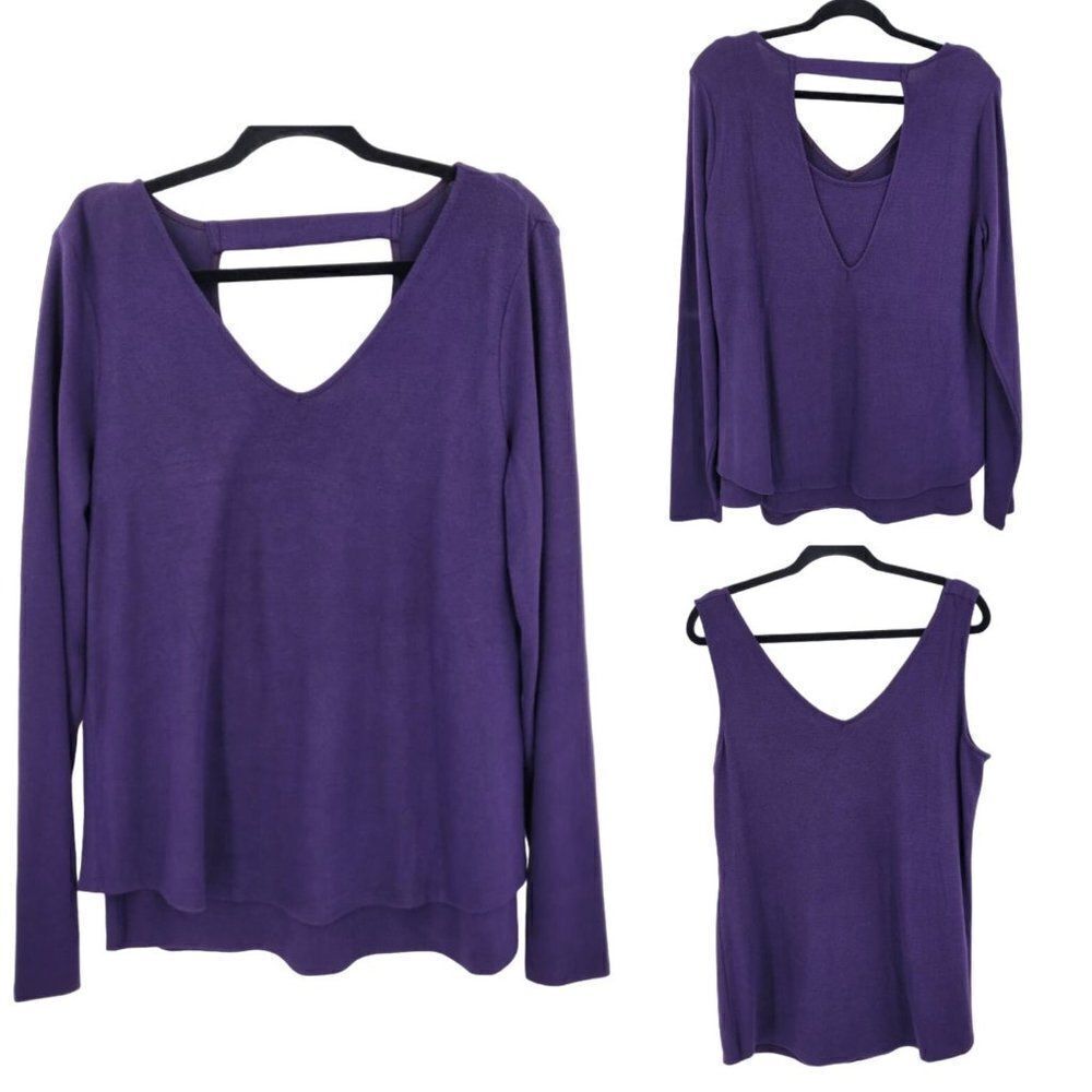 WHBM Plunging Open Back Sweater Set L Purple‎ Long Sleeve Layered Tank 2pc